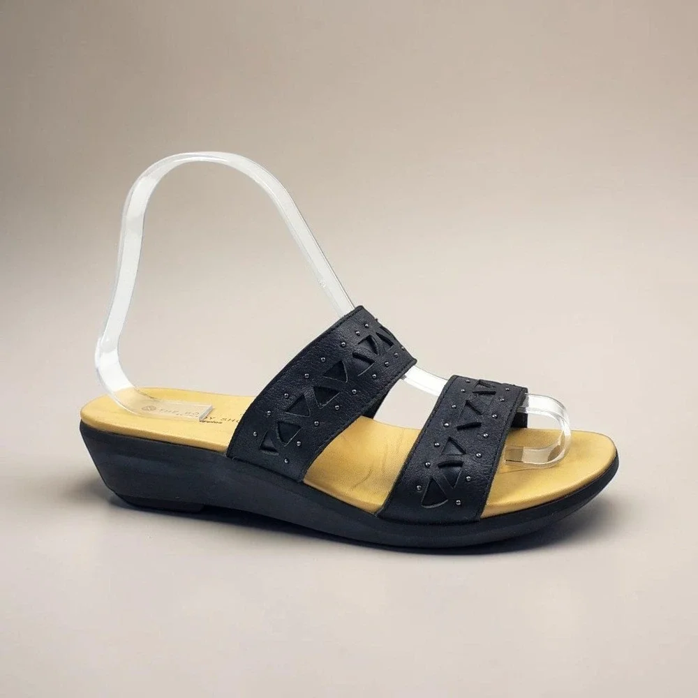 Hush Puppies Womens Lyricale 2 Band Black Leather Laser Cut Wedge Sandals Size 7